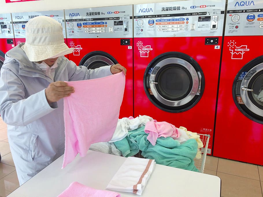 launderette, dryer, fully automatic washing machine, red, yasuura