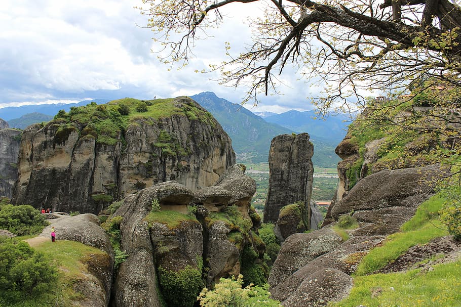 meteora, greece, rocks, mountain, sky, nature, plant, solid HD wallpaper