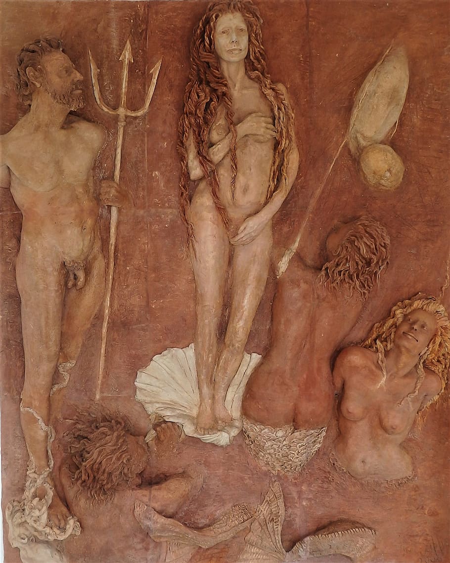 poseidon, mermaid, sea, tail, art and craft, human representation, HD wallpaper
