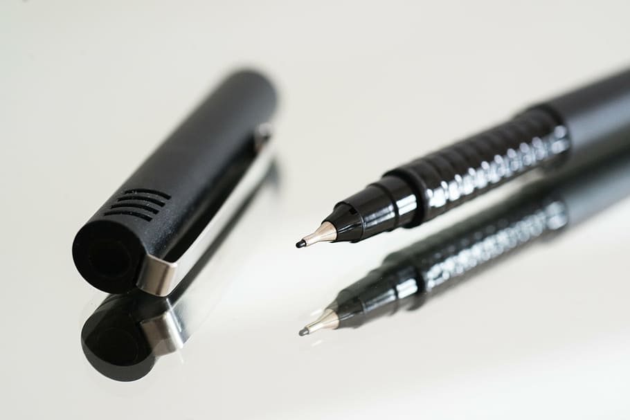 black pen, ink, drawing, office, pencil, note, work, desk, business, HD wallpaper