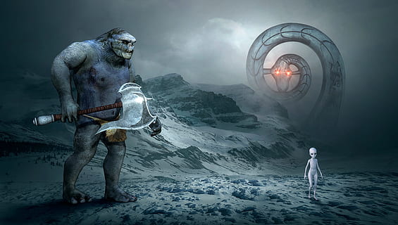 snake, alien and orc illustration, fantasy, winter, ork, mysticism HD wallpaper