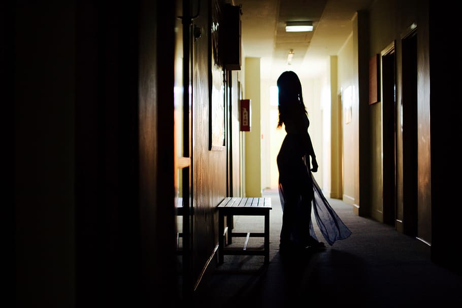 silhouette photography of woman wearing dress near chair, dark HD wallpaper