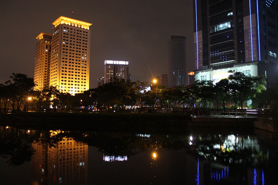 night view, construction, reflection, itabashi, new taipei city HD wallpaper