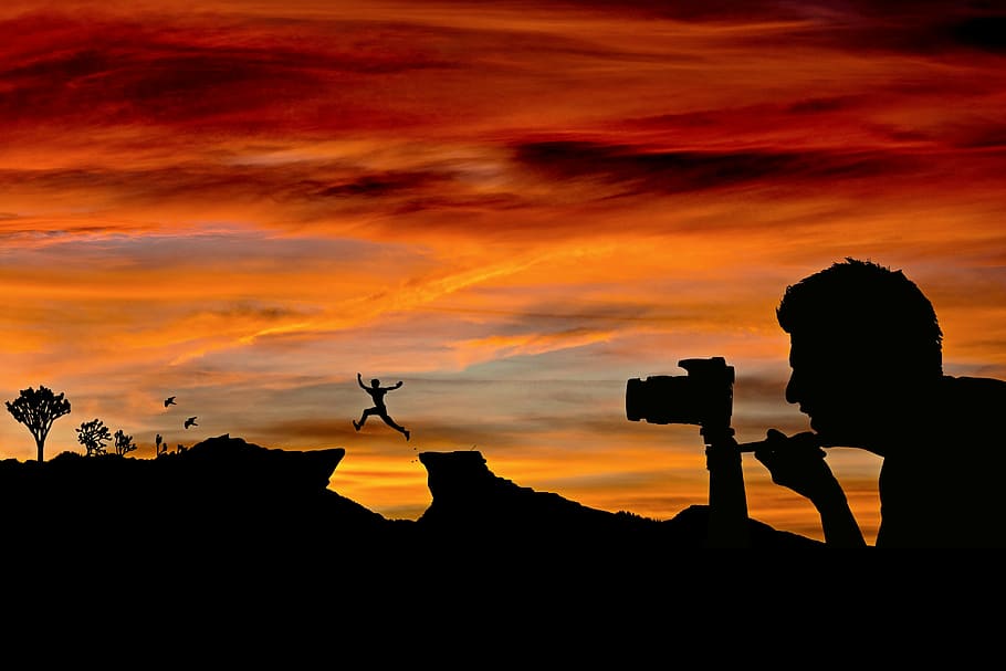 silhouette of man using camera during sunset, photographer, photo shoot, HD wallpaper