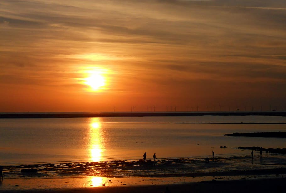 Sunset, Lighting, Mood, Borkum, sky, wind park, north sea, nature HD wallpaper