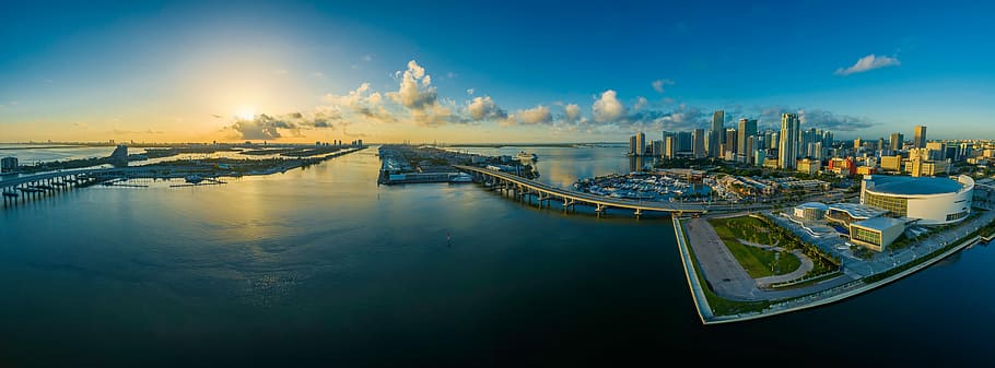 panorama photography of city, miami, florida, water, usa, skyscraper