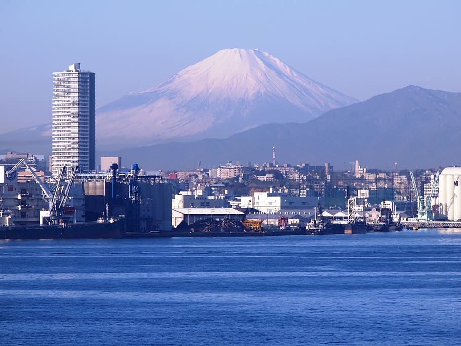 Mt Fuji, Yokohama, Bay Bridge, the bay bridge, winter, high rise building, HD wallpaper