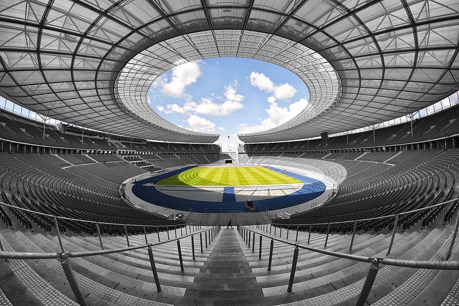 fish-eye view photograph of football stadium, olympic stadium