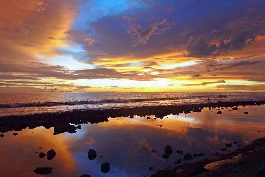 stone and ocean in sunset photo, landscape, natural, clouds HD wallpaper