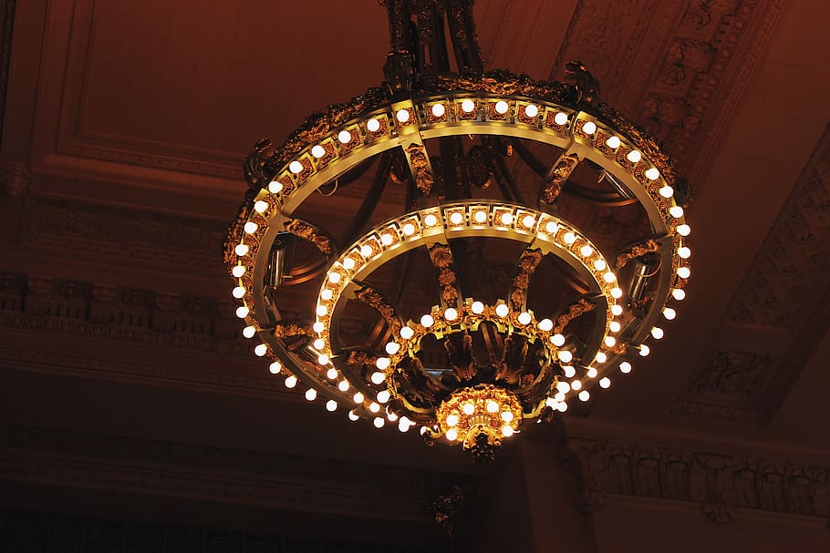 white chandelier, lighted chandelier, lights, ceiling, low angle view HD wallpaper