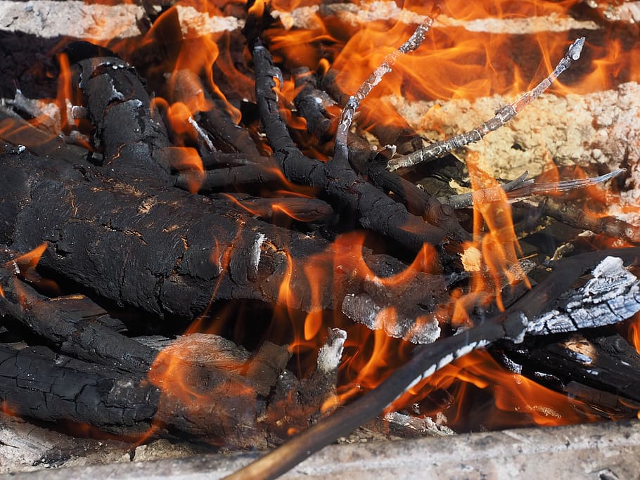 barbecue area, fire, campfire, burn, flame, wood, ash, heat HD wallpaper