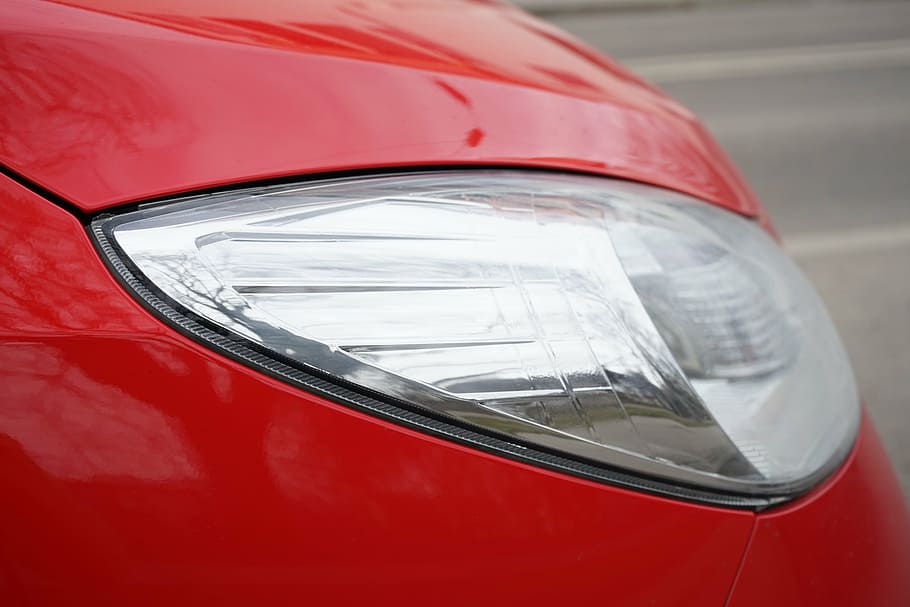 spotlight, car headlights, red, front headlight, car paint HD wallpaper