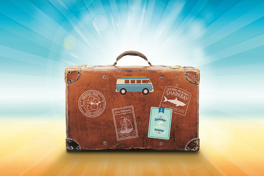 brown and blue suitcase, luggage, holiday, travel, summer, sea, HD wallpaper