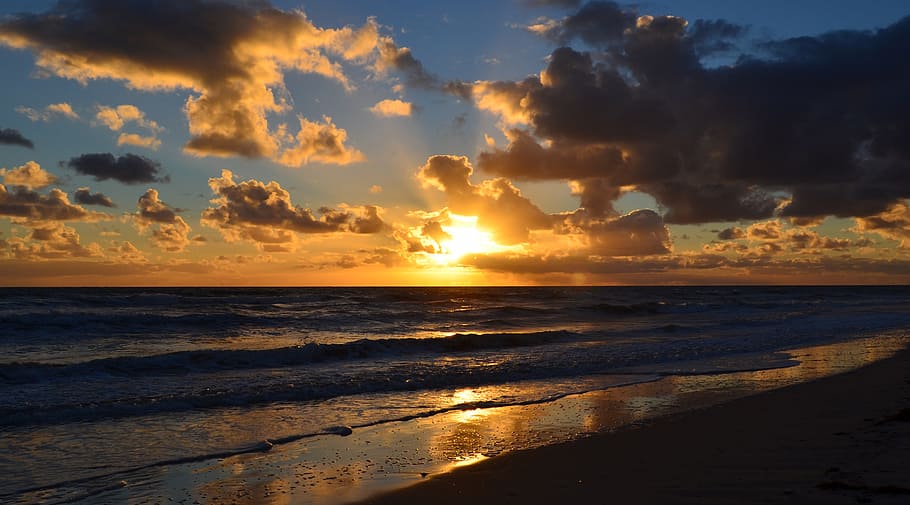 calm ocean at golden hour, cloud, sea, sunset, beach, coast HD wallpaper