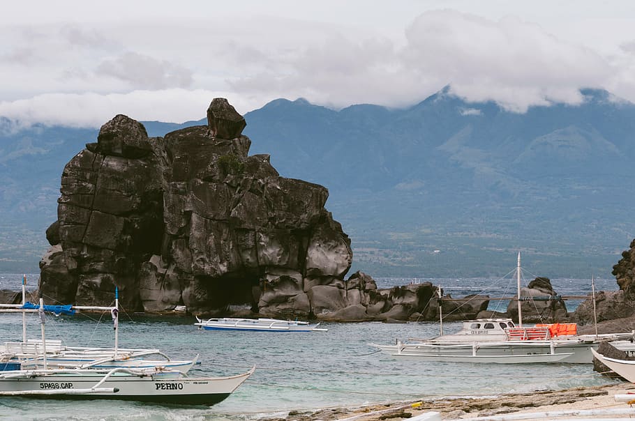 boats near rock formation, three, daytime, mountain, clouds HD wallpaper