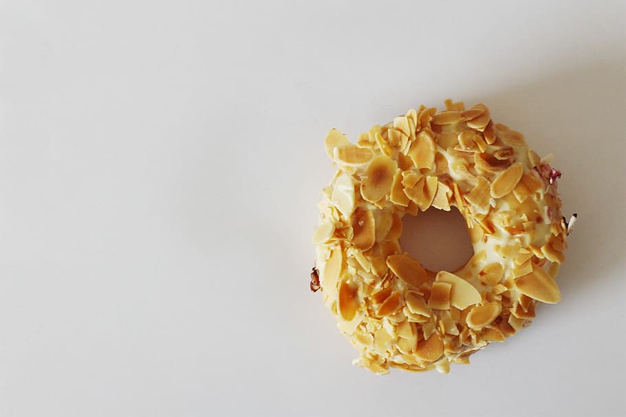 donut, sweet, pastry, bread, almonds, peanut, j, co, studio shot HD wallpaper