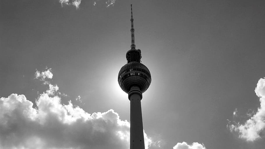 black white, tv tower, capital, berlin, germany, monument, city