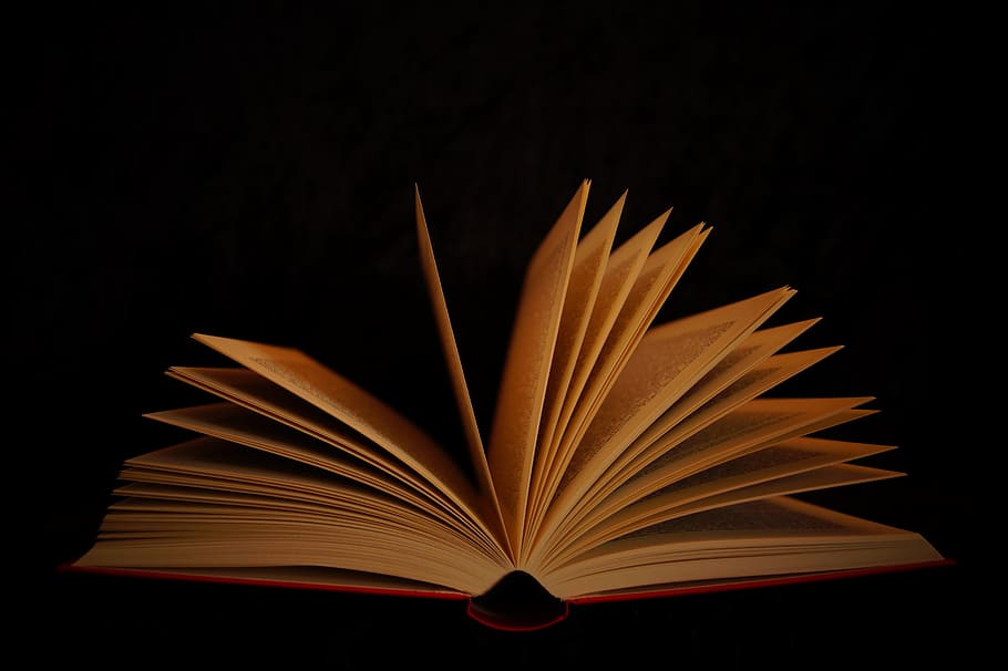 book opened with black background, red book, dark, gloomy, books, HD wallpaper