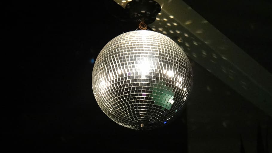 mirror ball on white ceiling, disco ball, nightlife, nightclub
