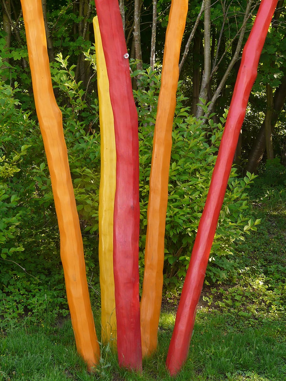 colored bars, rods, colorful, yellow, orange, wood, artwork HD wallpaper