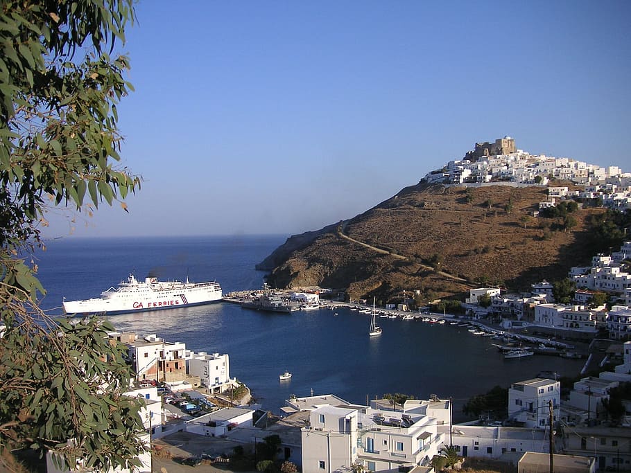 Greece, Clouds, Mountain, Ships, sky, boats, town, buildings HD wallpaper