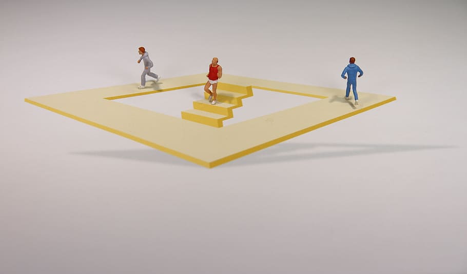 illustration of three person running in square, optical deception