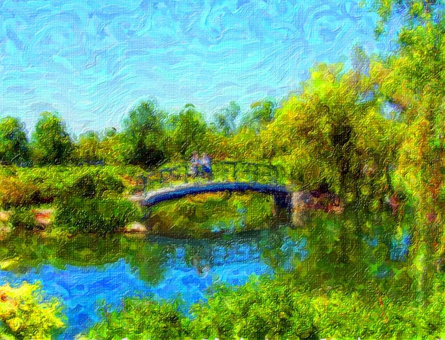Painting, Couple, Bridge, Park, art, summer, reflection, water