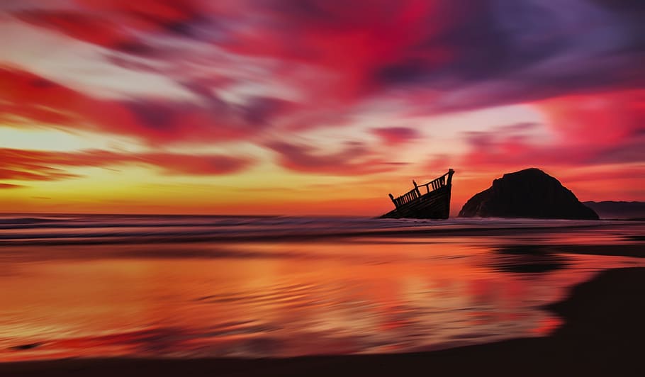 light, sea, dawn, landscape, backlit, beach, colorful sunset
