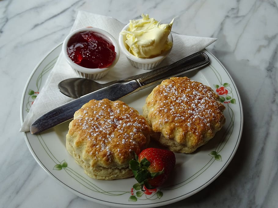 baked pastry with strawberry jam served on white plate, Cream Tea HD wallpaper