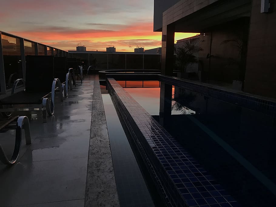 sunrise, building, pool, sky, sunset, railroad station platform HD wallpaper