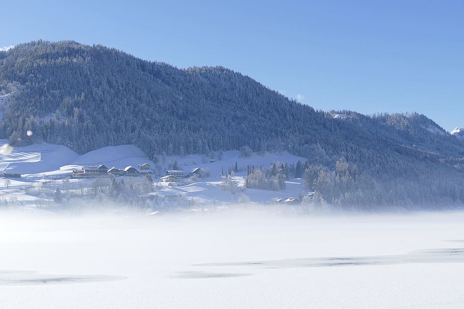 snow, winter, mountain, nature, panorama, lake weissensee, austria HD wallpaper