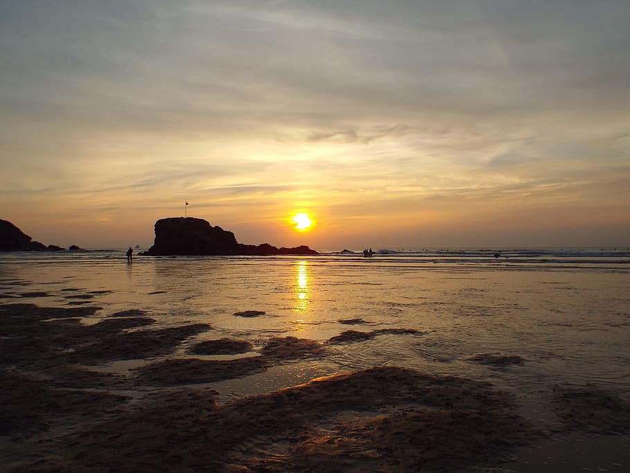 sunset, rocks, landscape, sky, water, sea, beauty in nature HD wallpaper