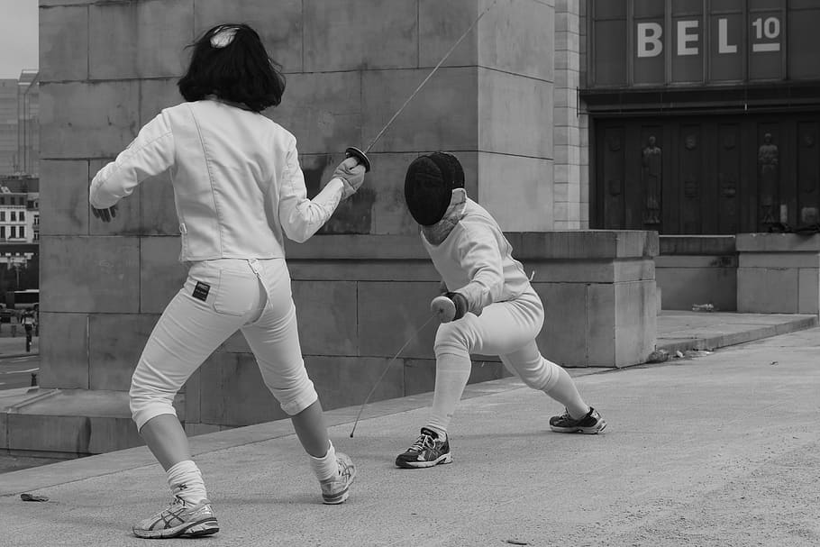 two person using sword near building, fencing, sports, clothing, HD wallpaper