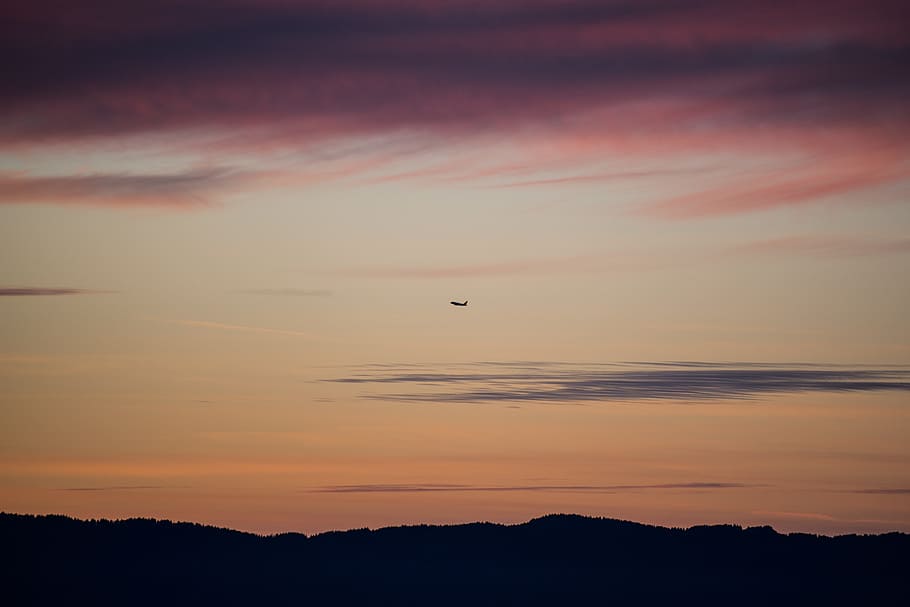 dark, mountain, trees, sky, clouds, sunset, sunrise, airplane HD wallpaper