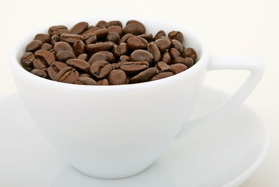 brown coffee beans on white ceramic cup, aroma, background HD wallpaper