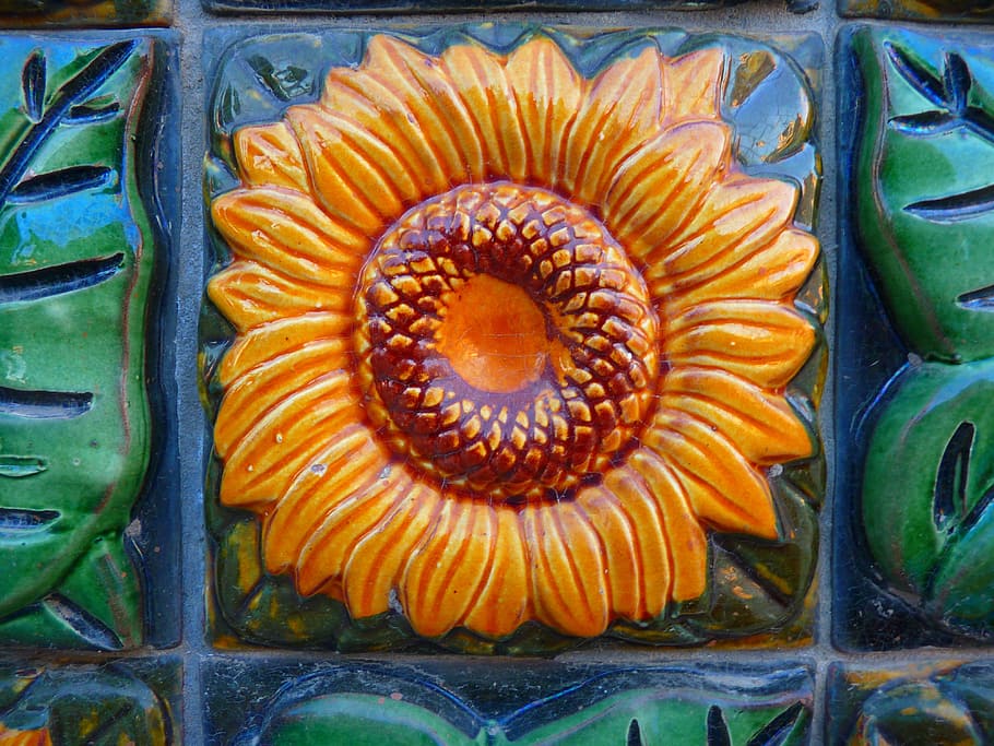 sun flower, tile, tiles, ceramic, green, yellow, decorative HD wallpaper