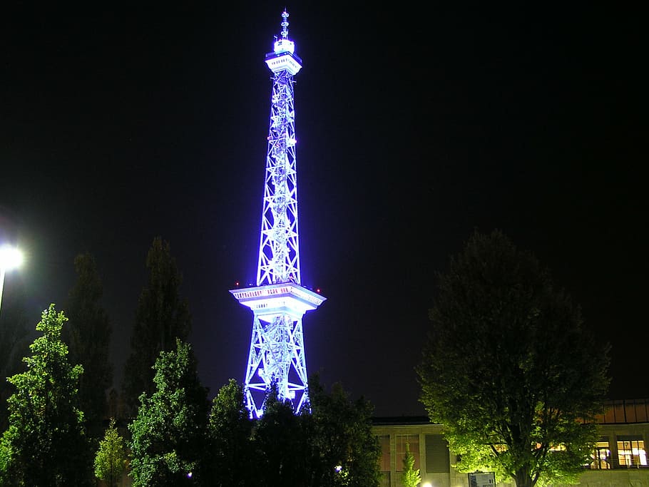 radio tower, berlin, night, illuminated, blue, architecture HD wallpaper
