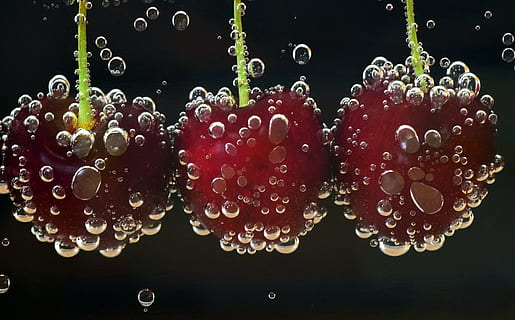 three red cherries dipped on carbonated water, red cherry, fruits HD wallpaper