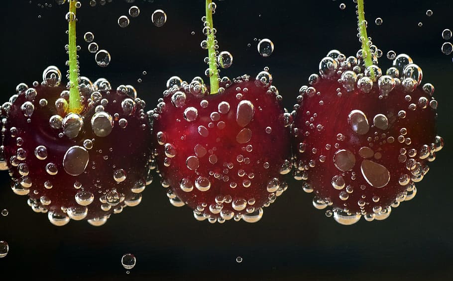 three red cherries dipped on carbonated water, red cherry, fruits HD wallpaper