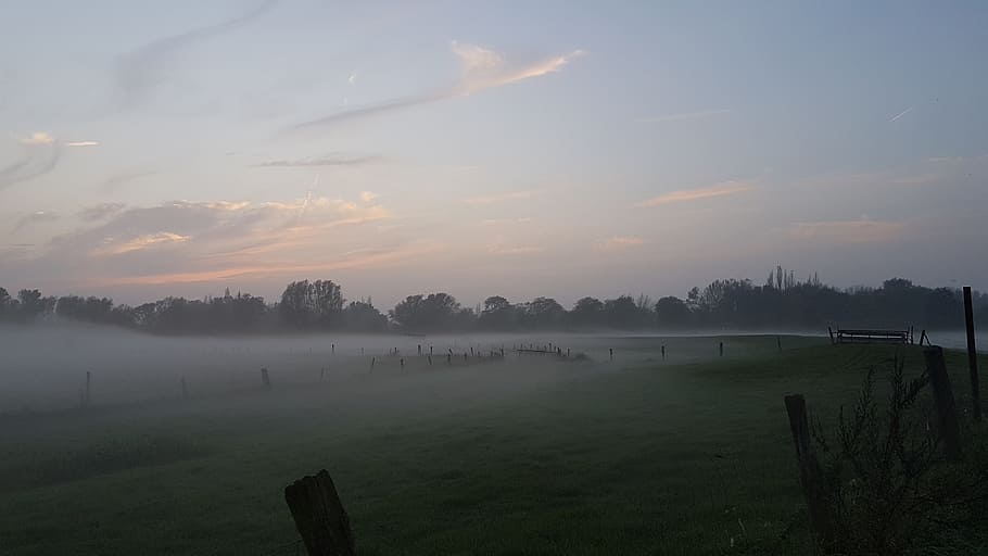 fog, landscape, dusk, sunset, evening, sky, beauty in nature HD wallpaper