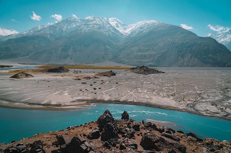mountains, landscape, water, panoramic, sun, mountain landscape HD wallpaper