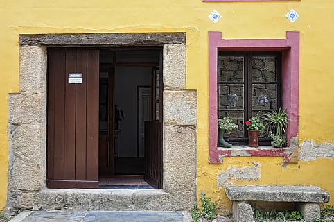 opened brown wooden door near concrete bench, doors, window HD wallpaper