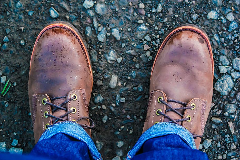 person wearing brown leather shoes, boots, hipster, work, rocky HD wallpaper