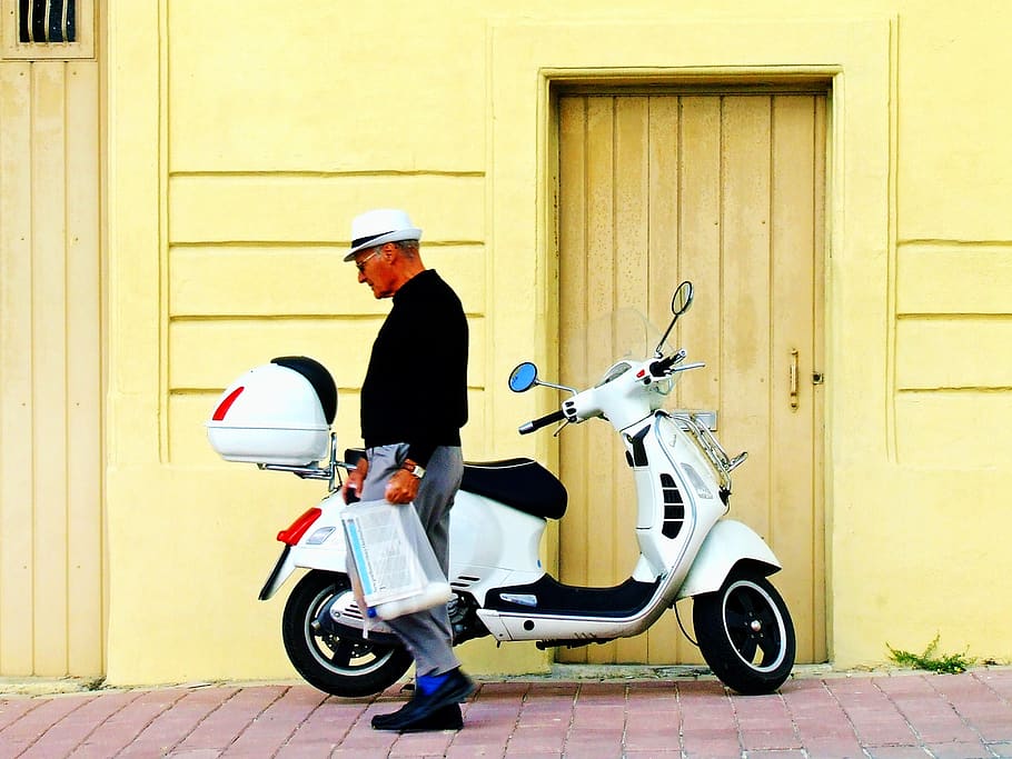 vespa, scooter, man, walking, motorcycle, transport, urban, HD wallpaper