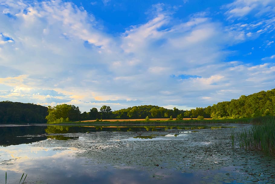 sky, lake, blue, landscape, water, nature, reflection, summer HD wallpaper