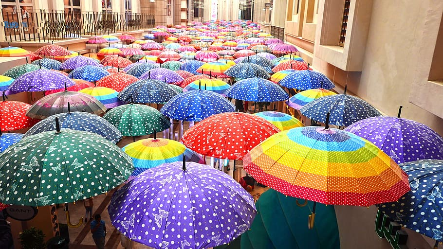 assorted-color umbrella lot, umbrellas, decoration, sight, colors