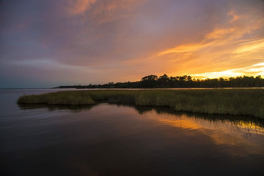 sunset, bayou, florida, marsh, sky, peaceful, landscape, dusk HD wallpaper