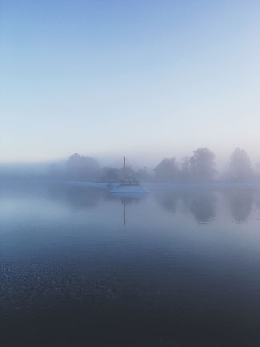 boat on body of water during foggy season, body of water, lake HD wallpaper