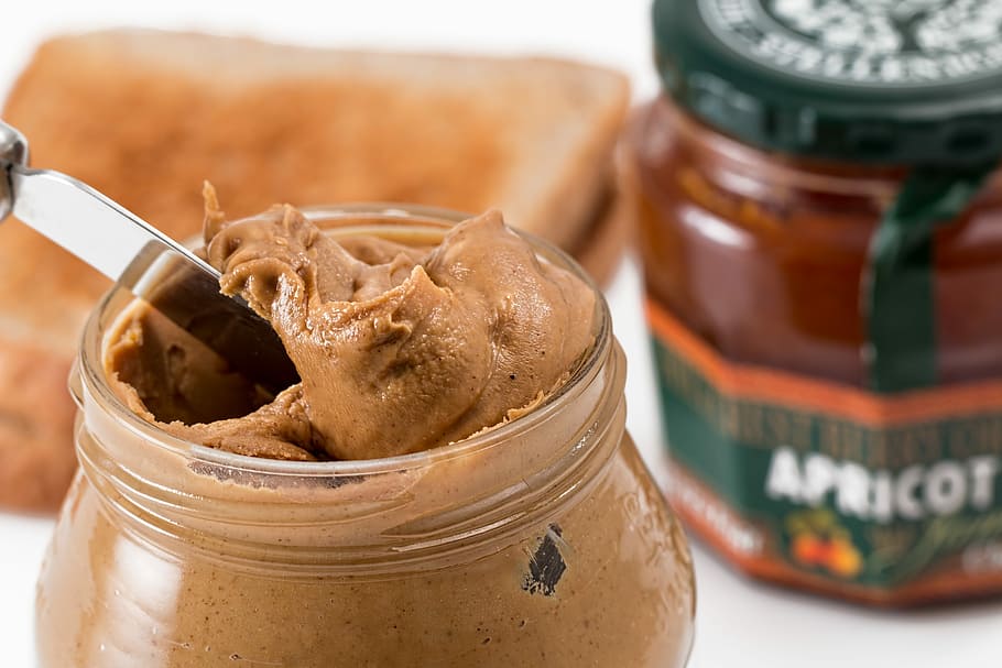peanut butter on jar, toast, spread, breakfast, jam, sandwich