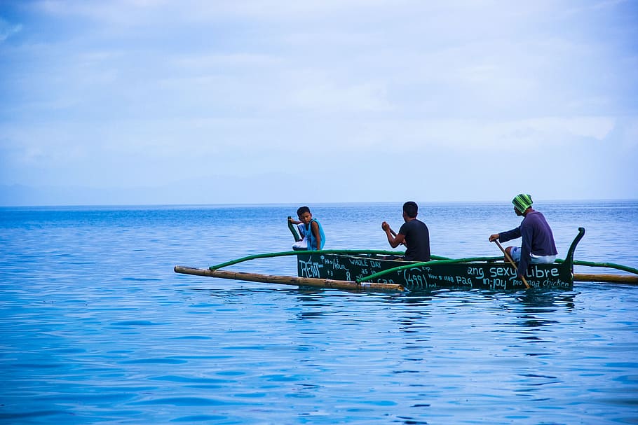 three man on boat in the middle on calm blue sea under blue sky, HD wallpaper